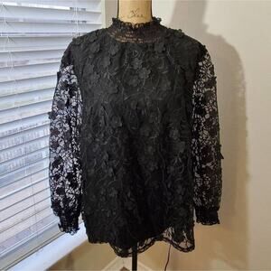 Adiva black floral lace puffed sleeve blouse plus‎ size 2X NEW!!!